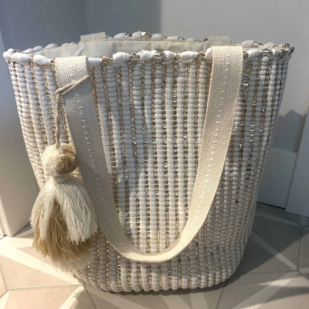 Woven Silver and Cream Women's Tote or Beach Bag